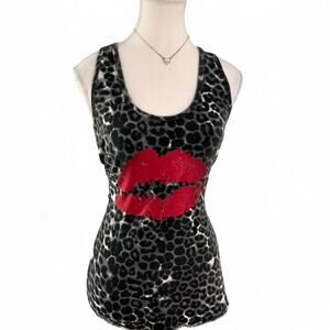 Black Leopard Kiss Print Y2K Grunge 95% Cotton Vintage Fitted Tank Size XL